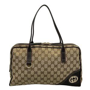Auth GUCCI New Brit/GG 169971 Dark Brown Beige Jacquard Leather Handbag